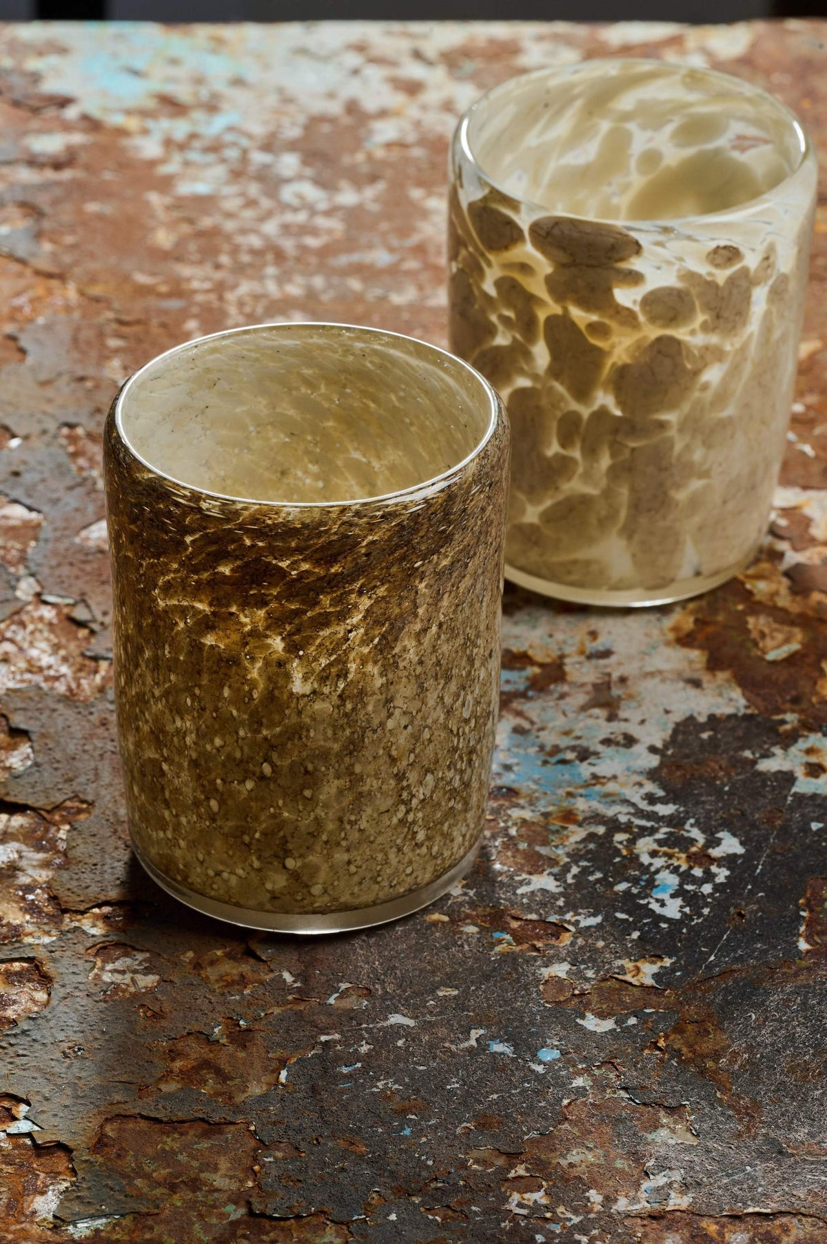 Hand Blown Glass Tumbler set of 2 in brown speckled and cream marbled finishes on Tampa Home & Garden Store