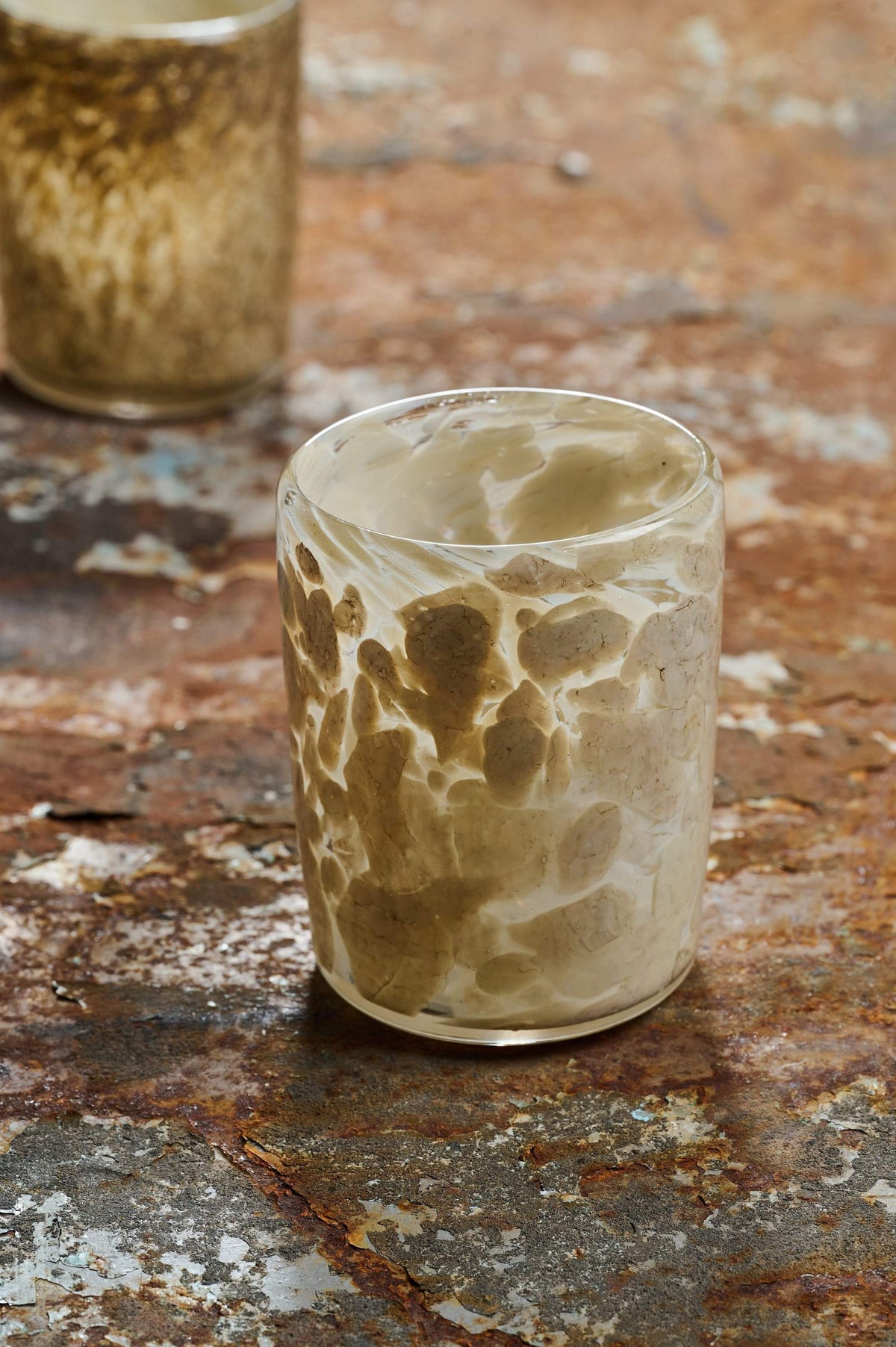 Hand Blown Glass Tumbler with ivory beige marbled texture, 2-piece set by CREATING COMFORT on Tampa Home & Garden Store