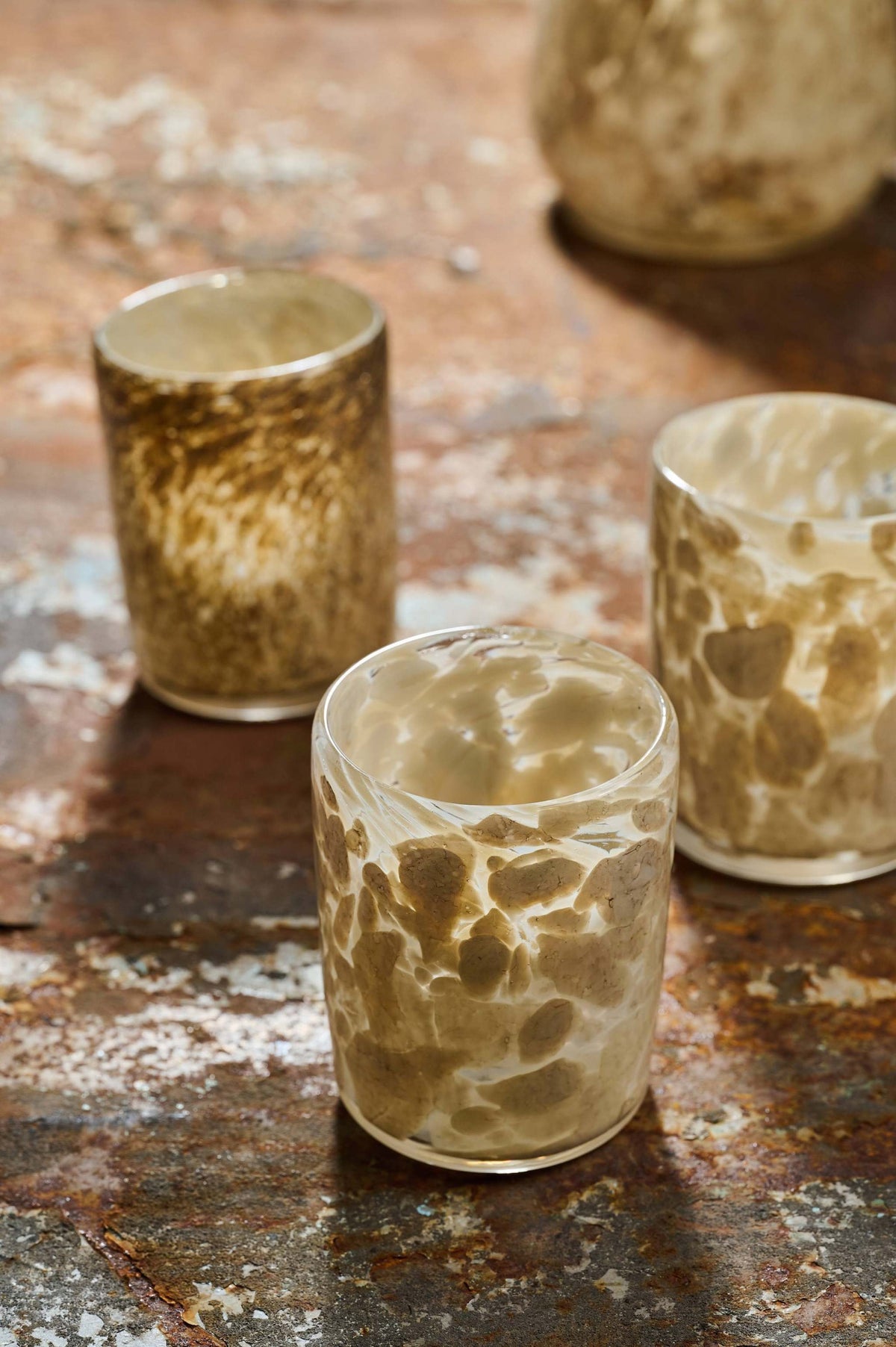 Hand blown glass tumbler set in ivory cream with speckled finish by Creating Comfort, 4 pcs on Tampa Home & Garden Store