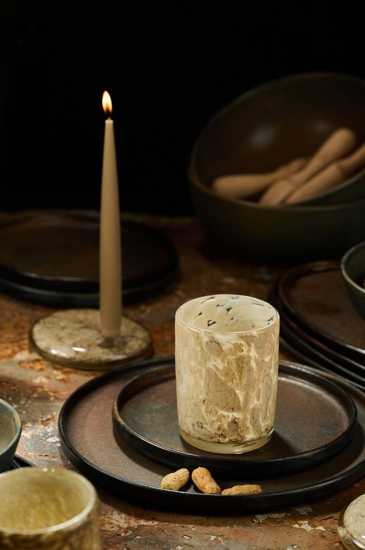 Hand Blown Glass Tumbler with beige marble pattern by CREATING COMFORT on Tampa Home & Garden Store