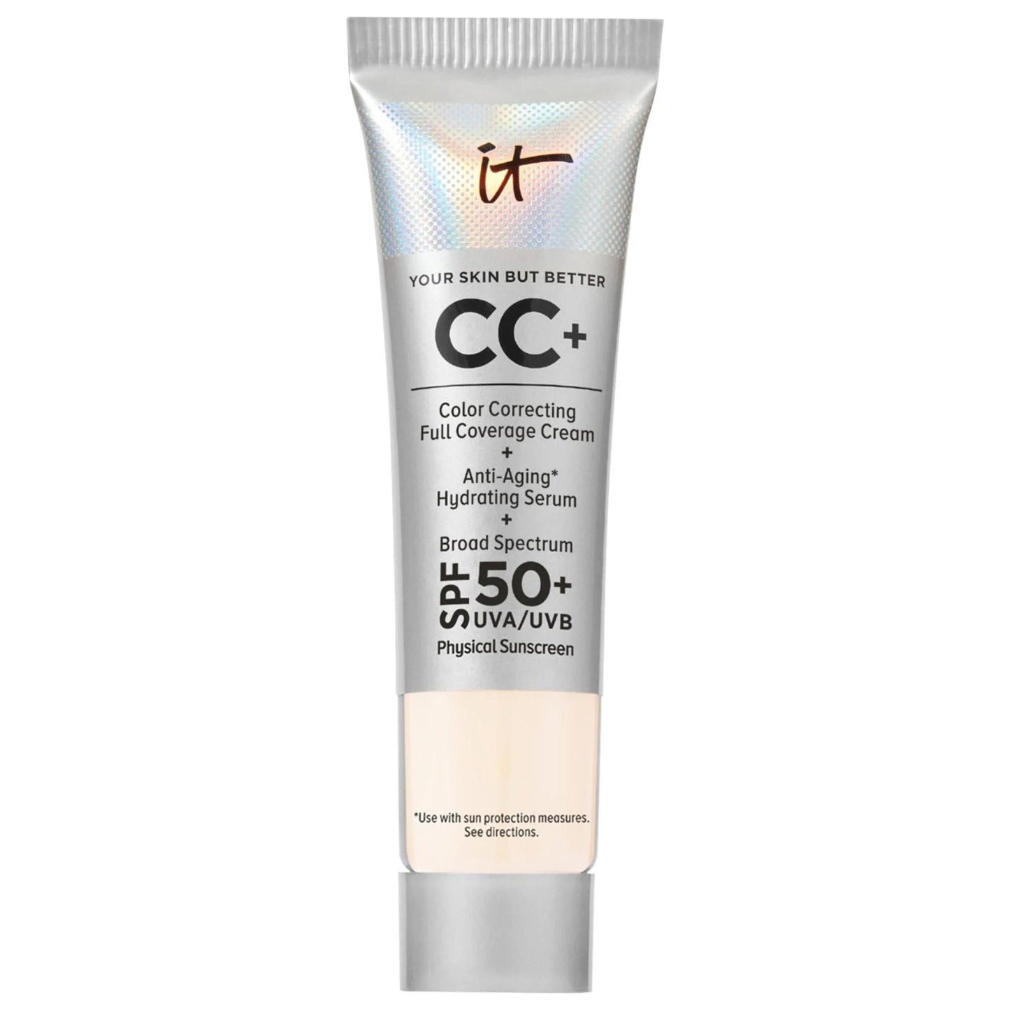 Foundation IT Cosmetics CC+ Cream tube with silver holographic dotted packaging and SPF 50+ on Tampa Home & Garden Store