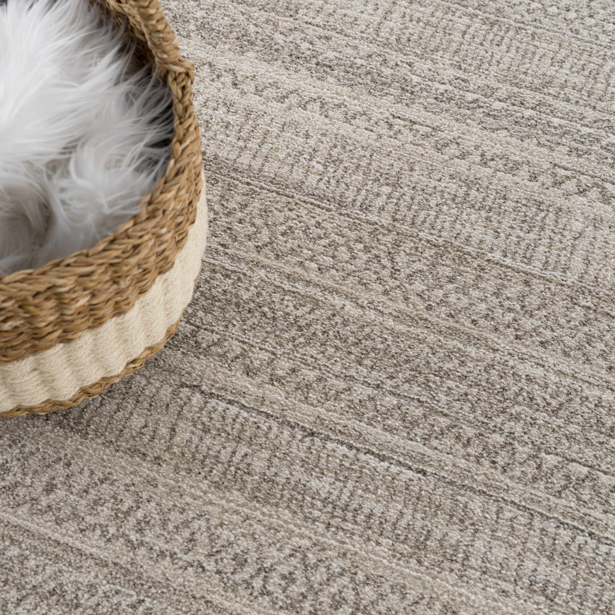 Nate Beige Tribal High Pile Carpet rug with soft beige texture shown beside a woven basket on Tampa Home & Garden Store
