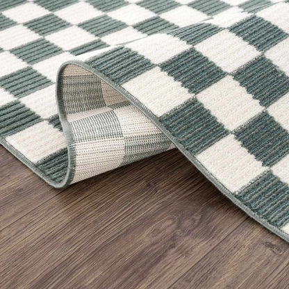 Kaysar Oil Green Checkered Washable Area Rug by Boutique Rugs, green plaid with grey binding on Tampa Home & Garden Store