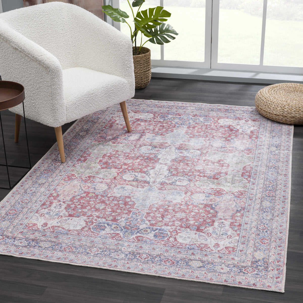 Rust Goma Vintage Area Rug by Boutique Rugs in distressed pink and blue oriental pattern on Tampa Home & Garden Store