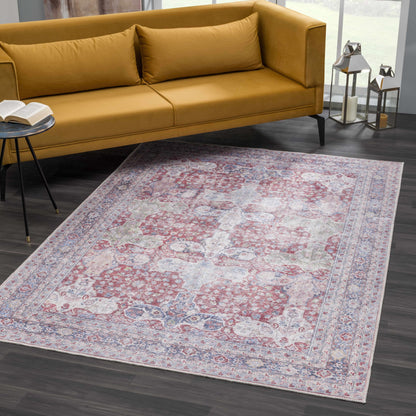Rust Goma Vintage Area Rug with distressed red and blue floral motif and pale border on Tampa Home & Garden Store