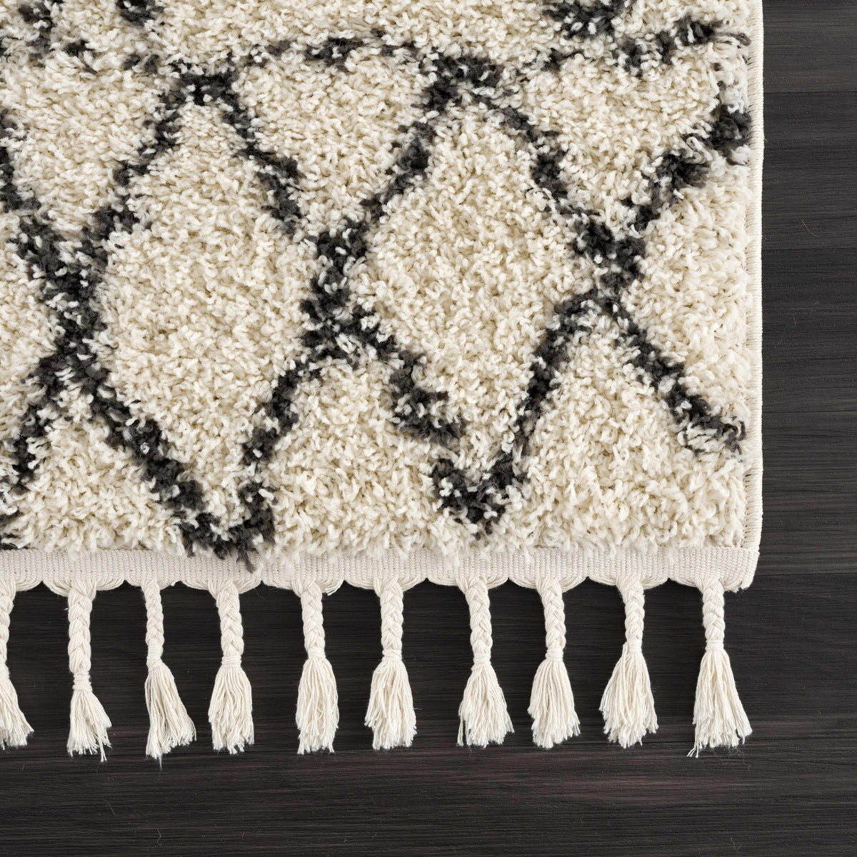 Emlenton Berber Shag Rug with Tassels in cream and charcoal with fringe by Boutique Rugs on Tampa Home & Garden Store