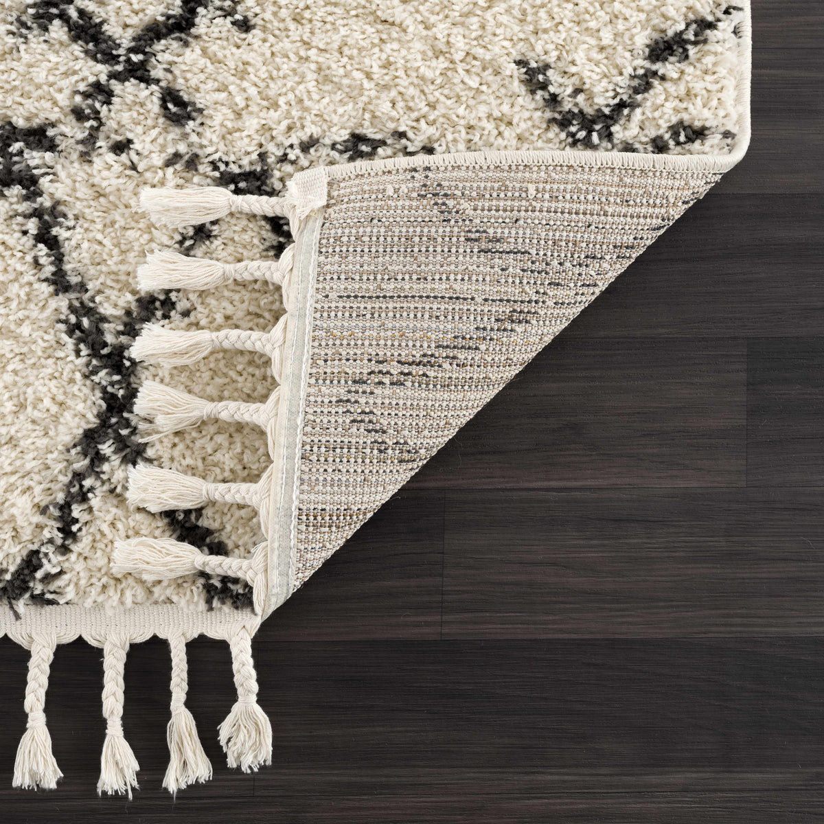 Rug Emlenton Berber Shag with Tassels in ivory and black, plush shag texture, Boutique Rugs on Tampa Home & Garden Store