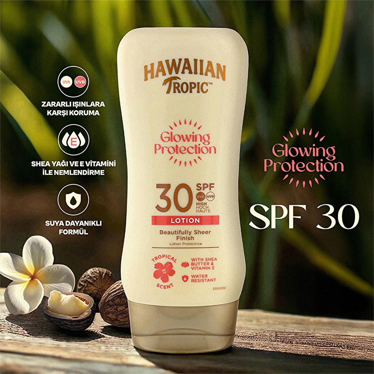 Hawaiian Tropic Sunscreen Lotion SPF 30 bottle with glowing protection on a beige tube on Tampa Home & Garden Store