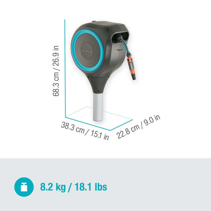 Gardena Garden Hose Box RollUp S 15m hose reel in dark grey with teal trim and blue hose on Tampa Home & Garden Store
