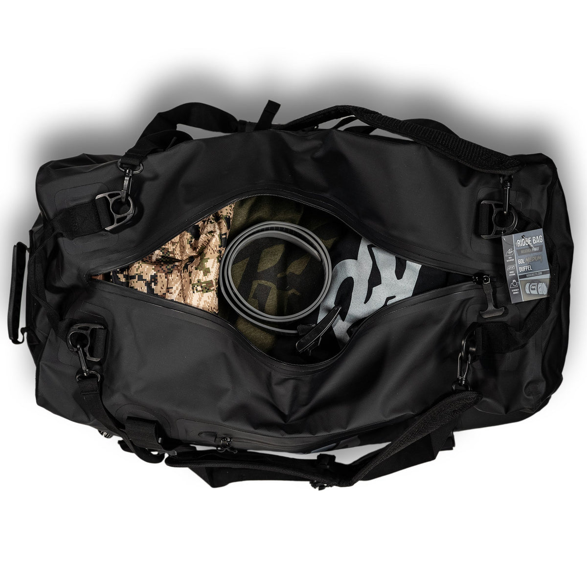 Ridge Bag Large Outdoor Duffel, black with camo interior and rugged straps on Tampa Home & Garden Store