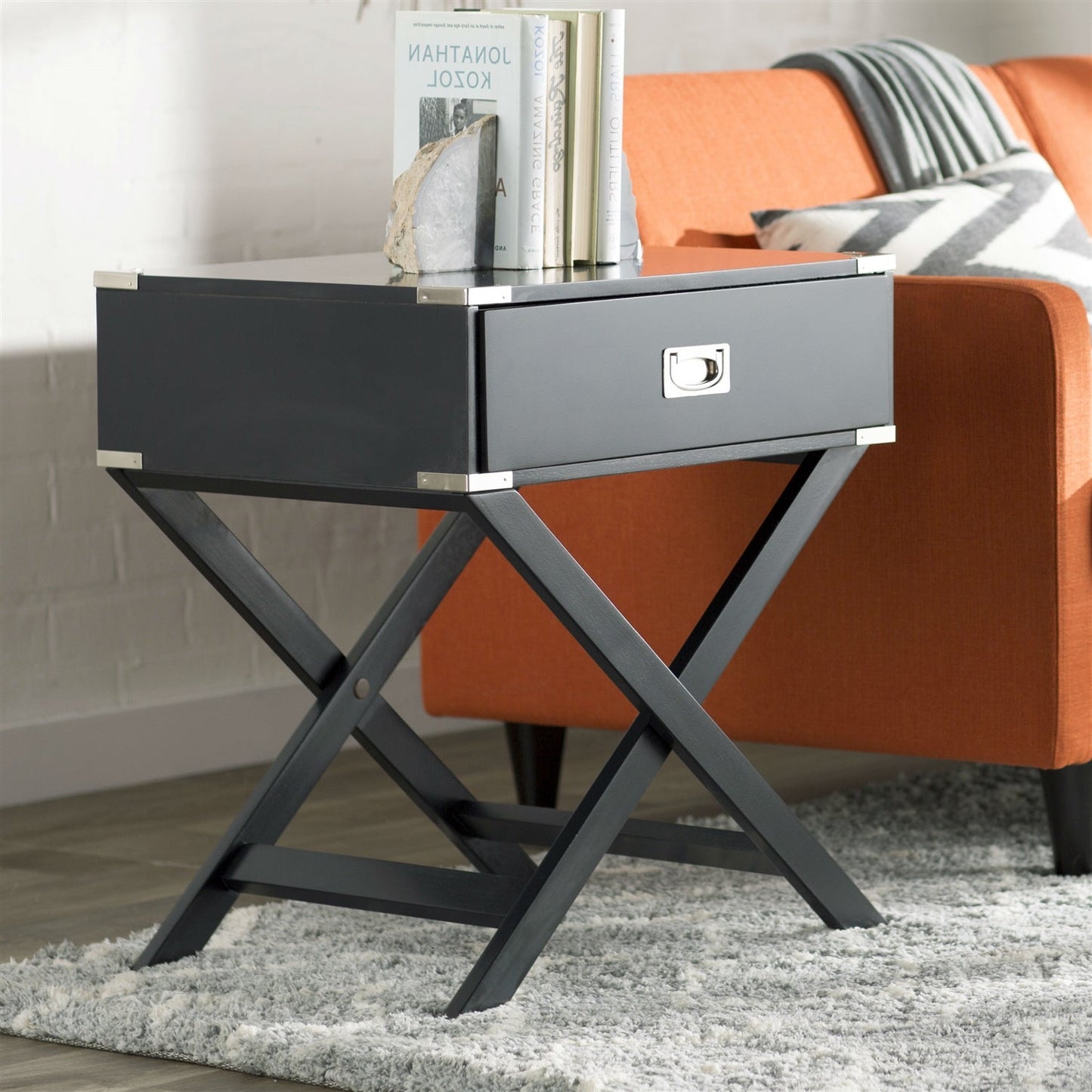 Mesa auxiliar/Mesita de noche gris oscuro/negro con 1 cajón y patas modernas clásicas estilo X