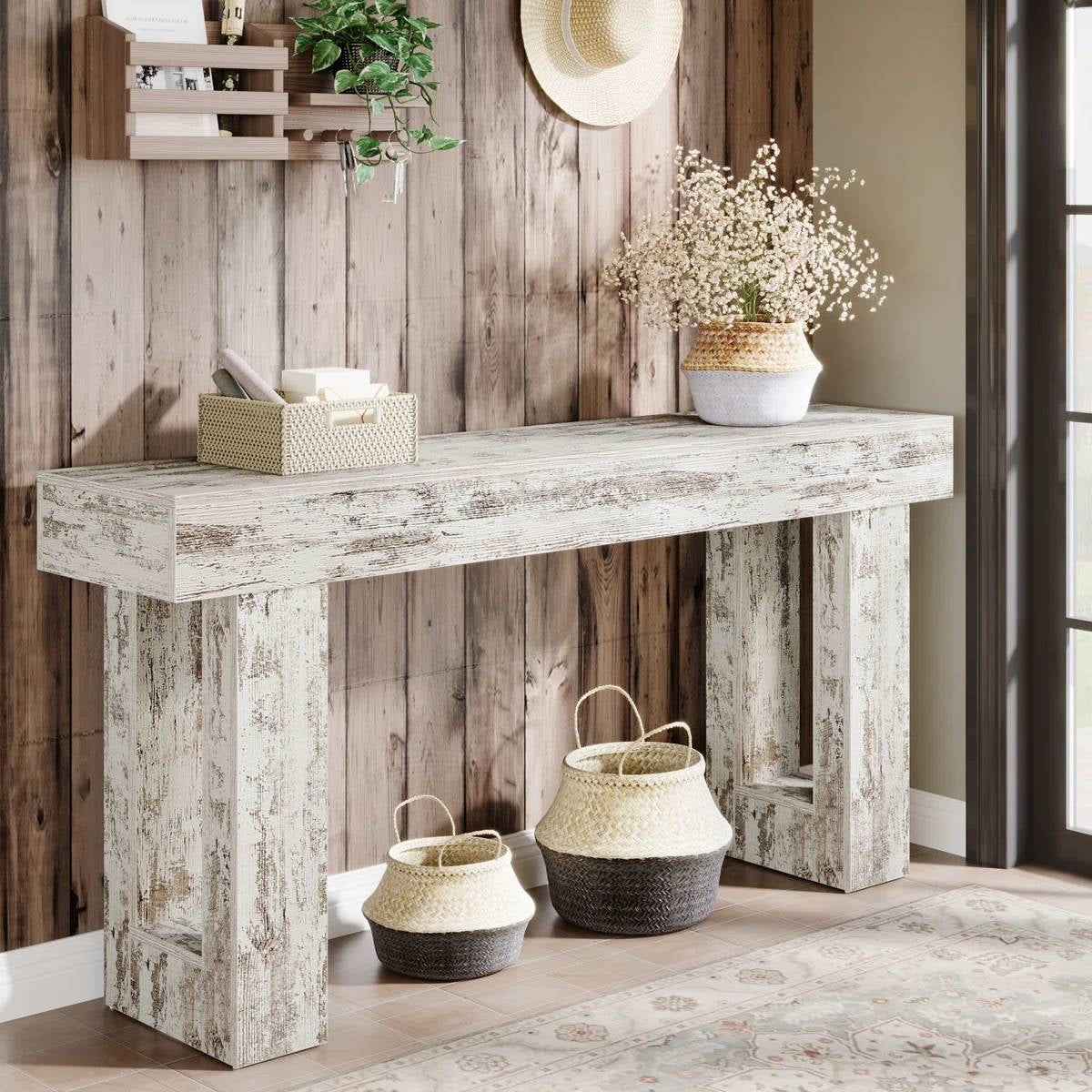 Mesa Consola Sofá de 63 Pulgadas Estilo Granja Moderna con Acabado de Madera Blanca Rústica