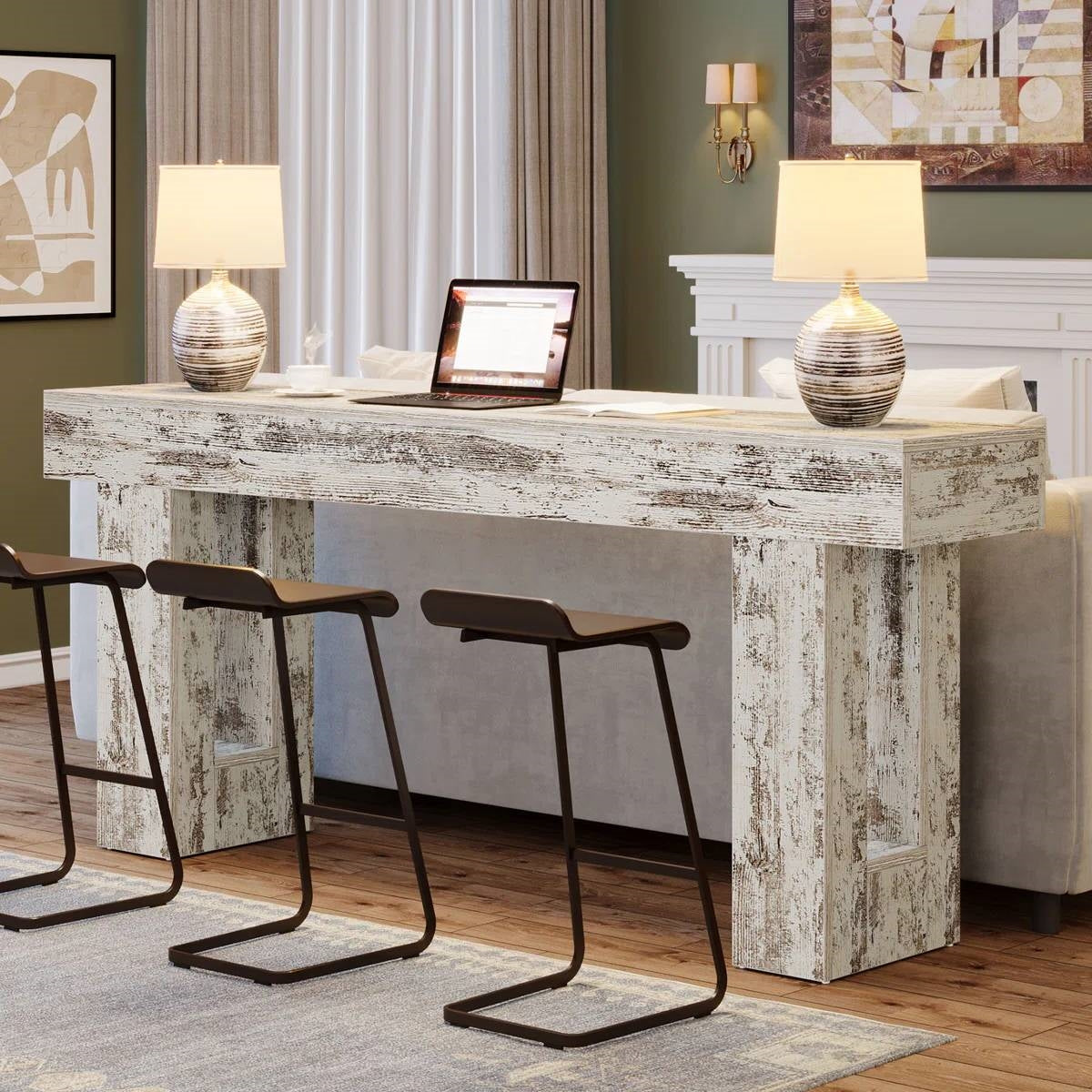 Mesa Consola Sofá de 63 Pulgadas Estilo Granja Moderna con Acabado de Madera Blanca Rústica