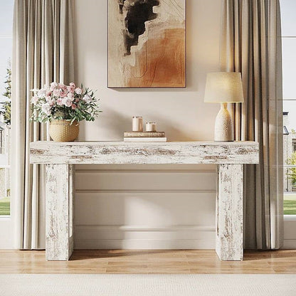 Mesa Consola Sofá de 63 Pulgadas Estilo Granja Moderna con Acabado de Madera Blanca Rústica