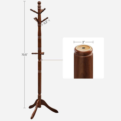 Perchero de pie de madera maciza regulable en altura con 10 ganchos, acabado marrón oscuro