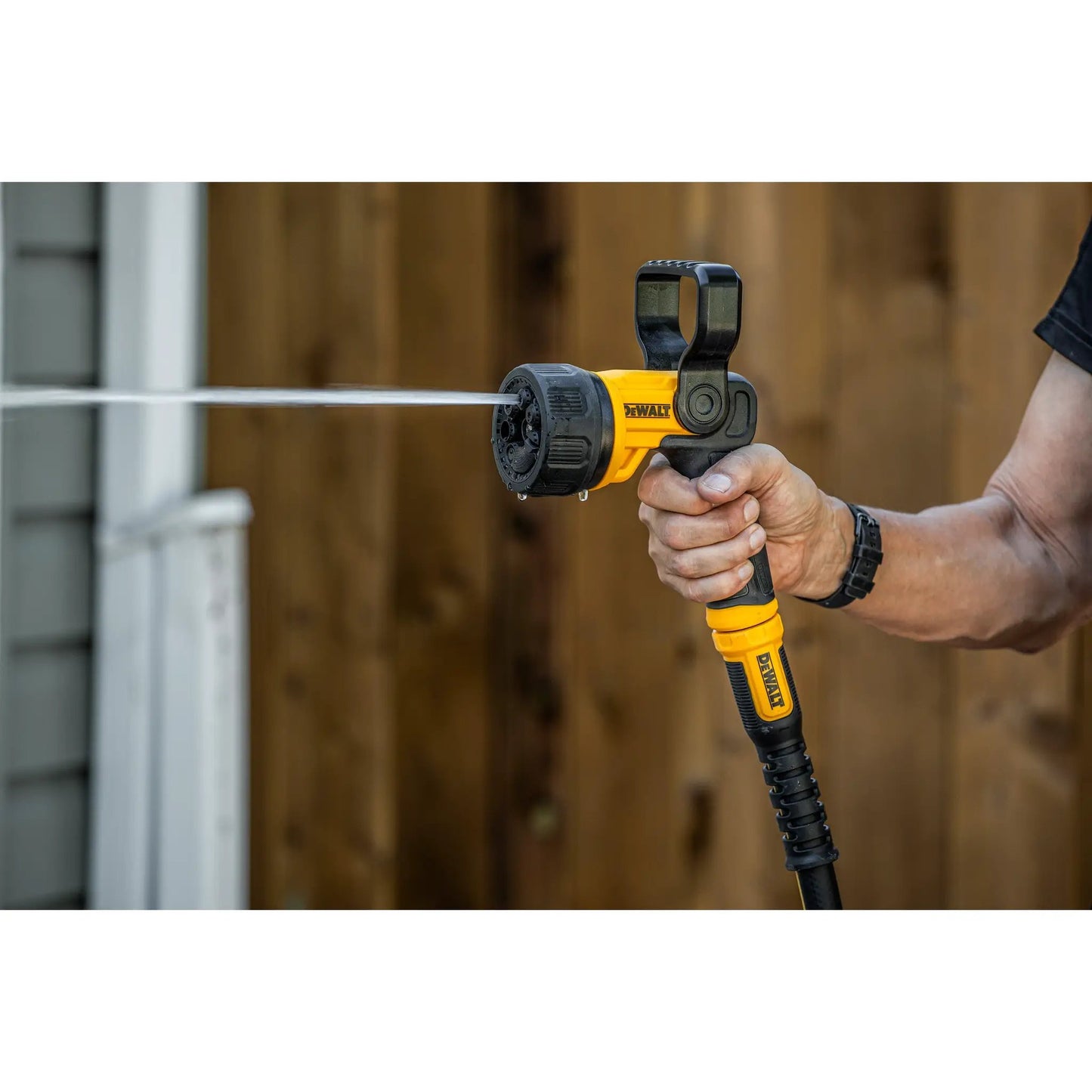 DeWalt Heavy Duty Hydro Cannon Nozzle in yellow and black, handheld multi-pattern spray nozzle on Tampa Home & Garden Store