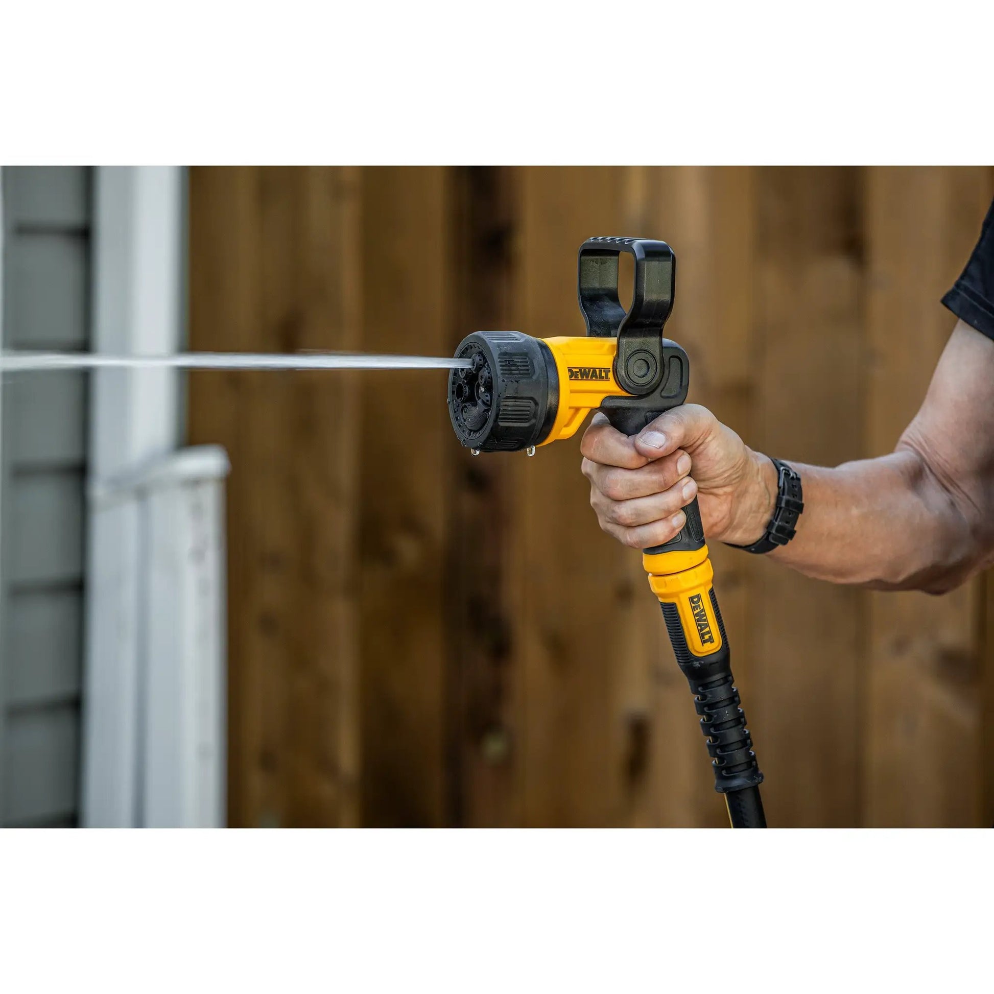 DeWalt Heavy Duty Hydro Cannon Nozzle in yellow and black, handheld multi-pattern spray nozzle on Tampa Home & Garden Store