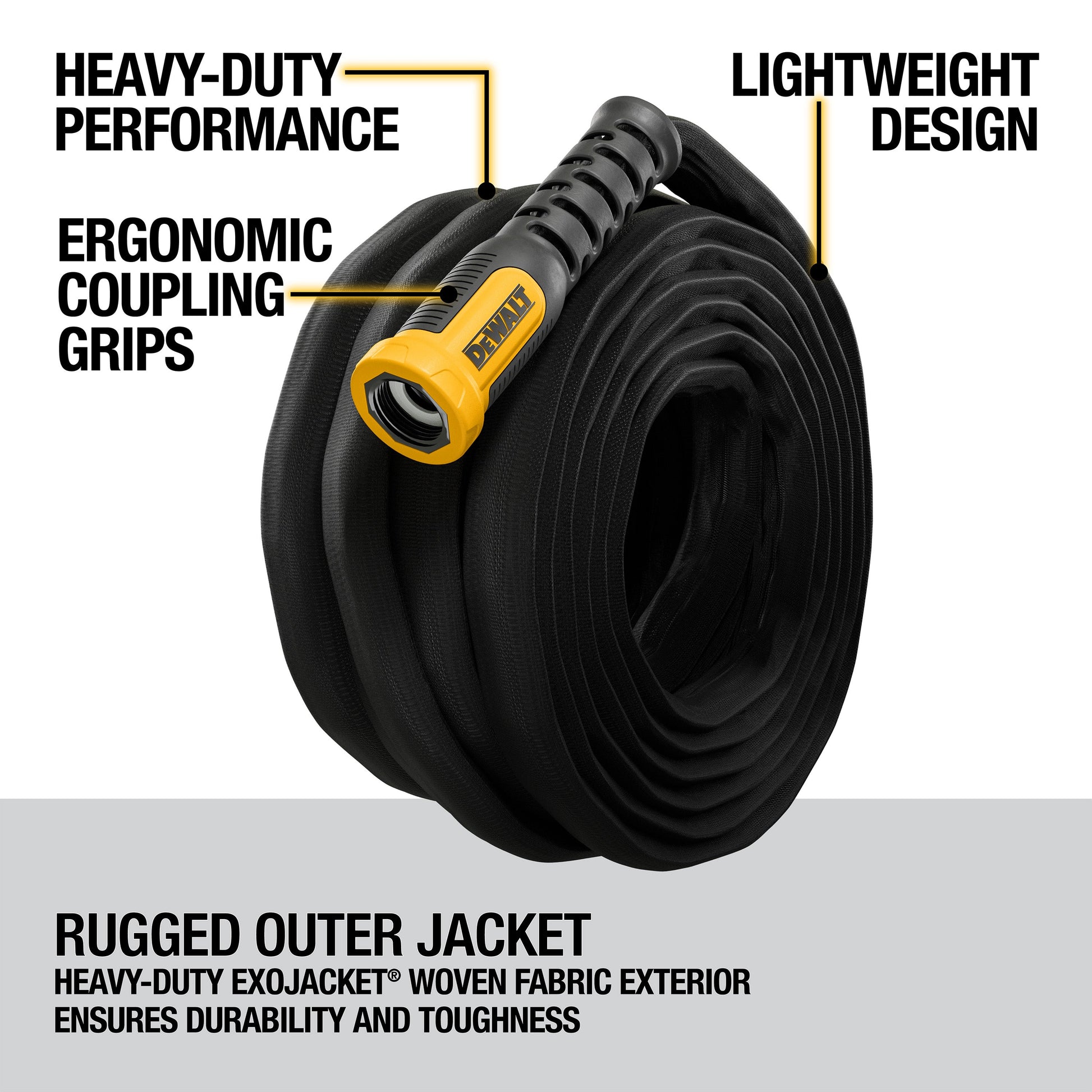 DeWalt 50 ft x 5/8 in HD fabric hose DXMH3302 with orange connector, garden hose on Tampa Home & Garden Store