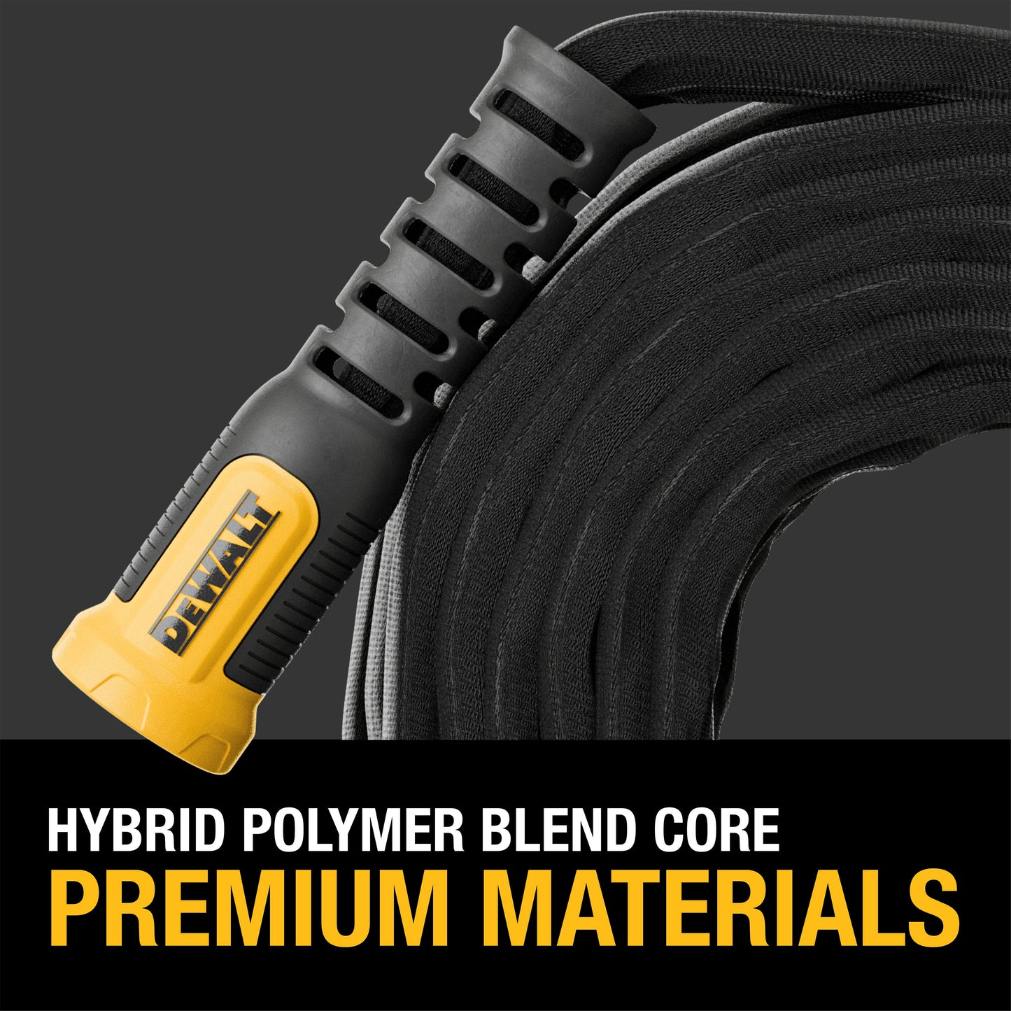 DeWalt 50ft x 5/8in HD fabric hose with yellow handle and black exterior on Tampa Home & Garden Store