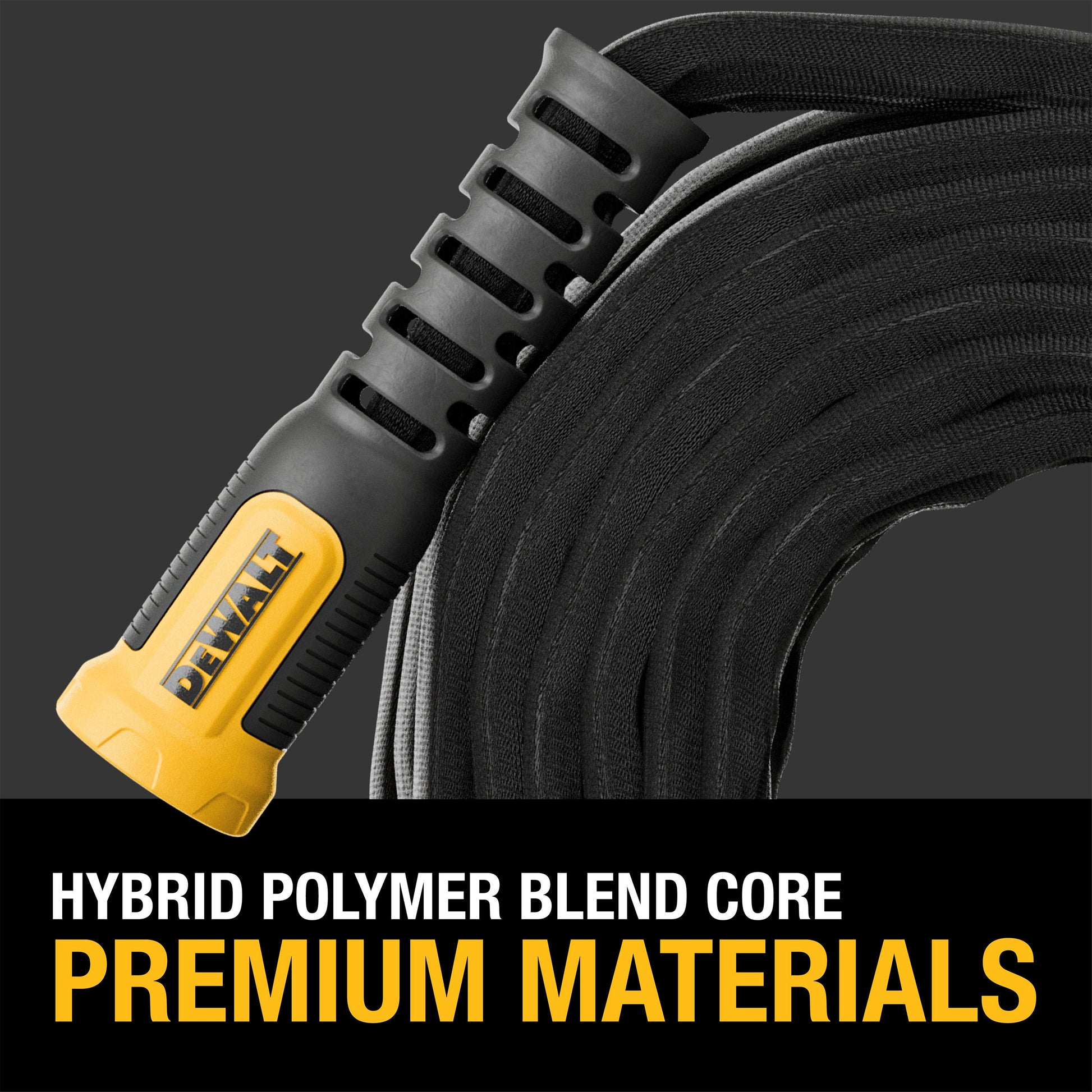 DeWalt 50ft x 5/8in HD fabric hose with yellow handle and black exterior on Tampa Home & Garden Store
