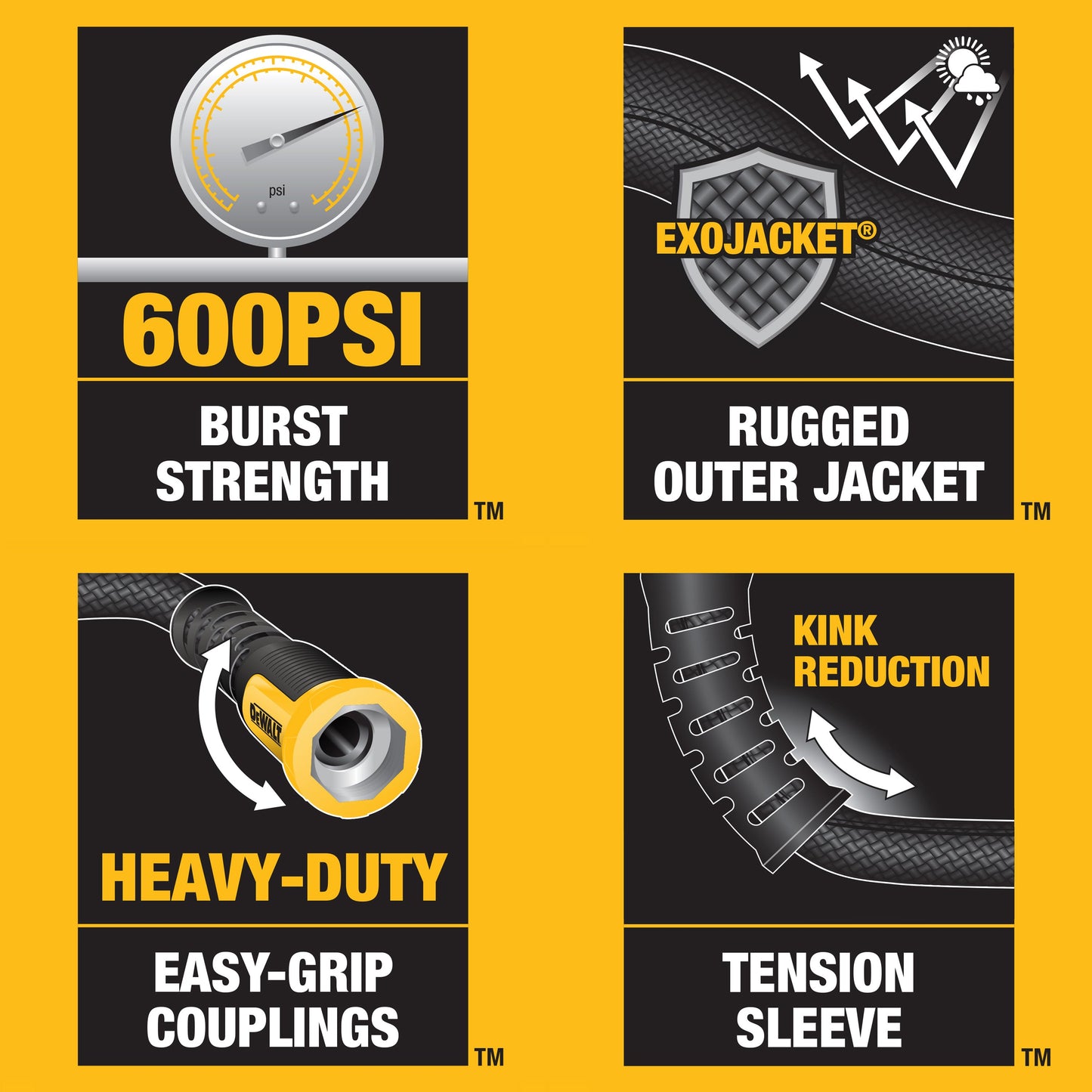DeWalt 50 ft x 5/8 in HD Fabric Hose DXMH3302 with EXOJACKET and 600 psi burst strength on Tampa Home & Garden Store