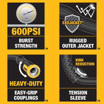 DeWalt 50 ft x 5/8 in HD Fabric Hose DXMH3302 with EXOJACKET and 600 psi burst strength on Tampa Home & Garden Store