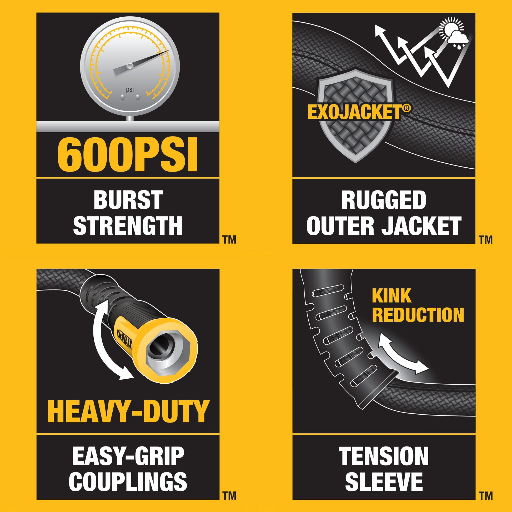 DEWALT 6 ft x 5/8 in fabric hose with EXOJACKET rugged outer jacket and 600 PSI burst strength on Tampa Home & Garden Store