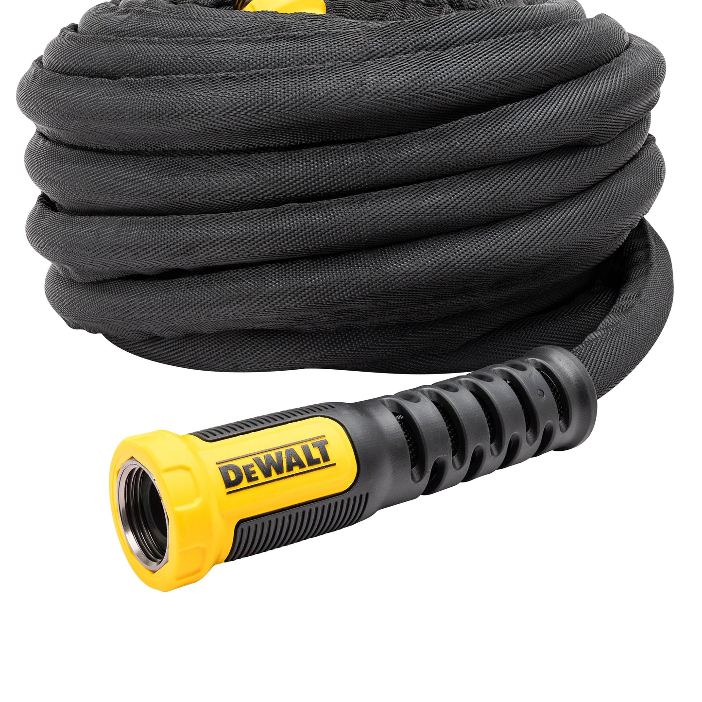 DeWalt 50 ft x 5/8 in fabric garden hose with yellow grip and black braided exterior on Tampa Home & Garden Store