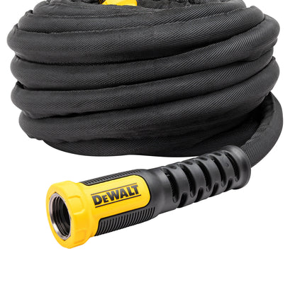 DeWalt 50 ft x 5/8 in fabric garden hose with yellow grip and black braided exterior on Tampa Home & Garden Store