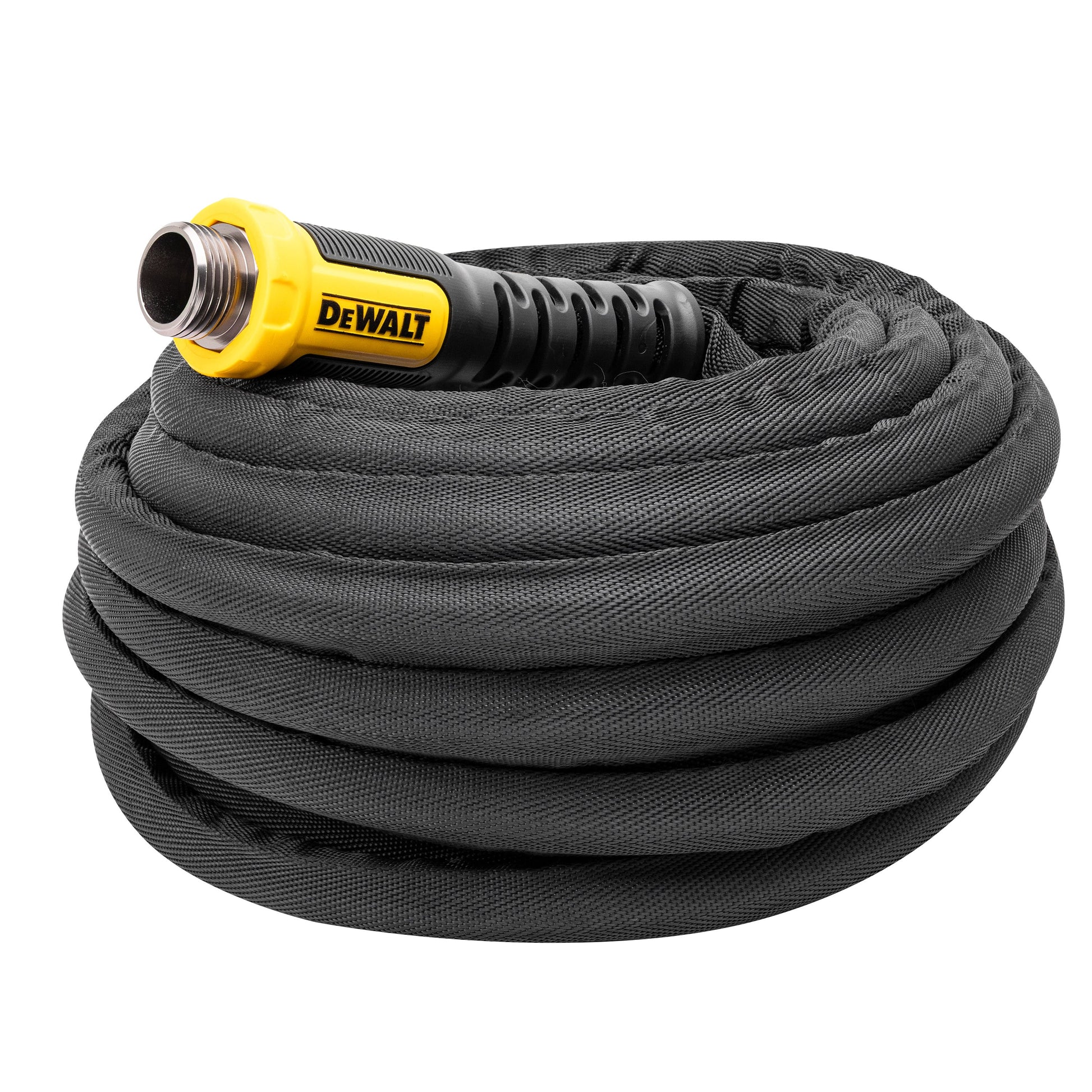 DeWalt 50 ft 5/8 in HD fabric garden hose with yellow grip nozzle on black braided hose on Tampa Home & Garden Store