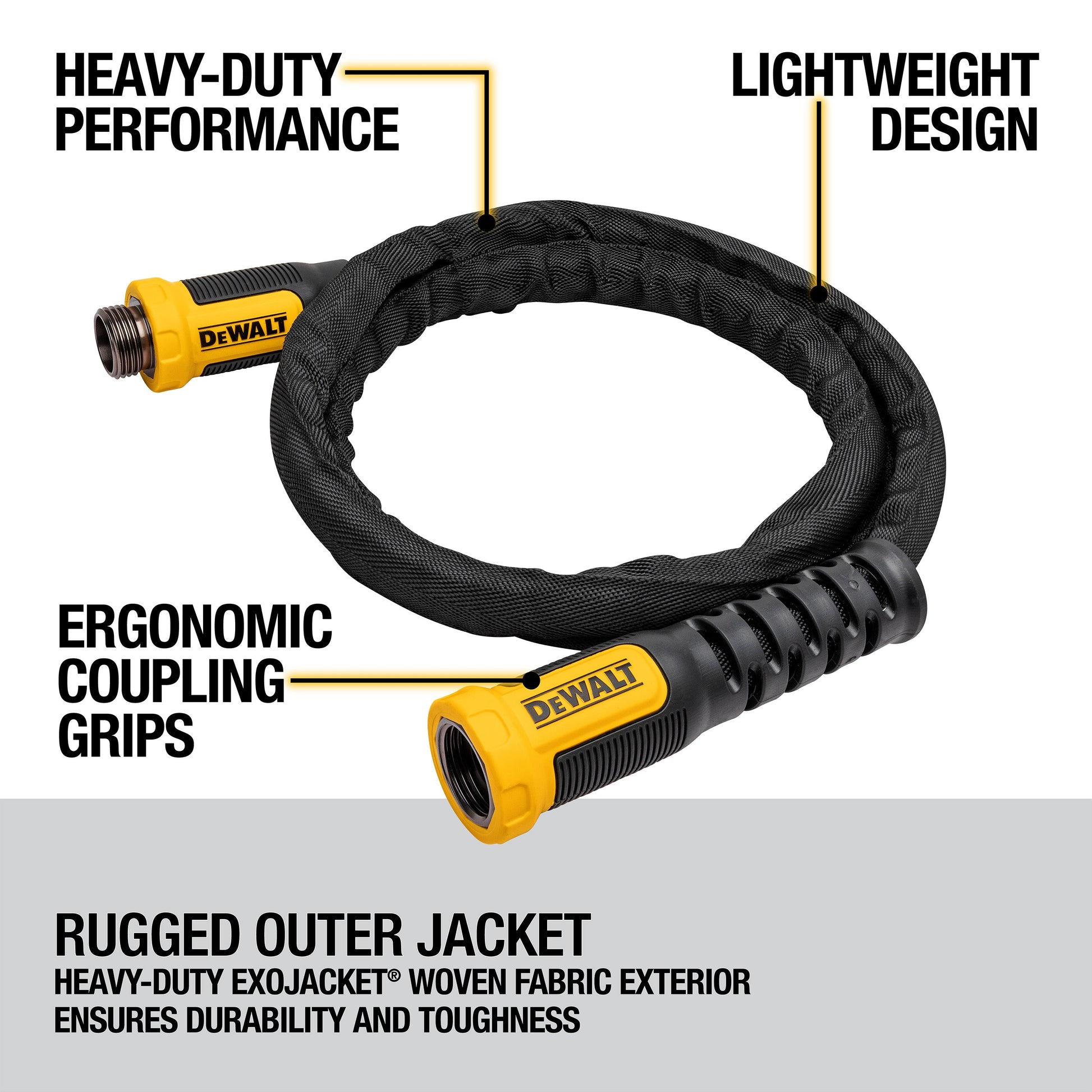 DEWALT 6 ft x 5/8 in fabric garden hose with rugged yellow connector and braided exterior on Tampa Home & Garden Store