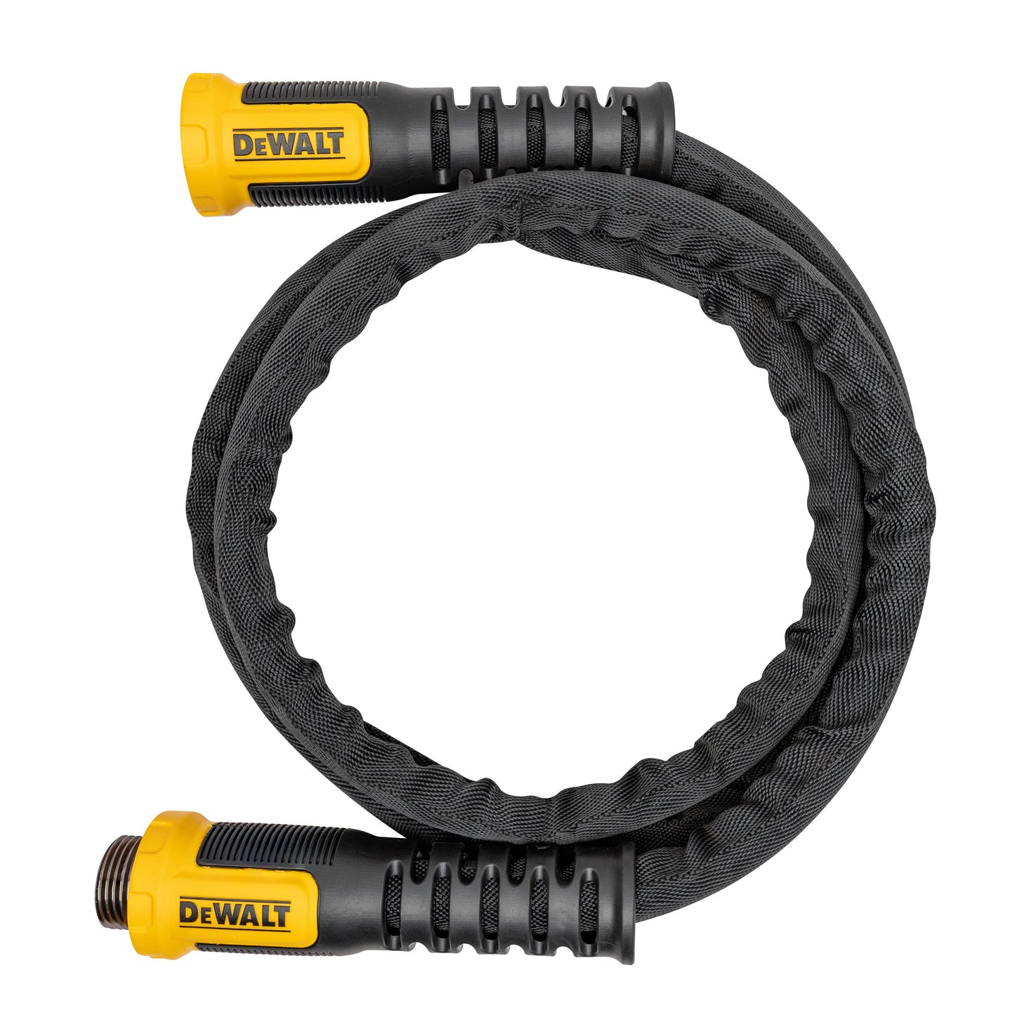 DeWALT 6 ft x 5/8 in fabric hose with black braided exterior and yellow end cap on Tampa Home & Garden Store