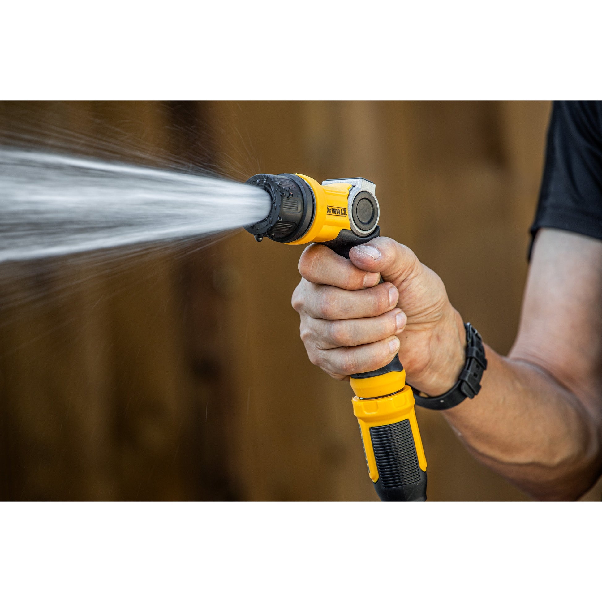 DEWALT Pattern Pro thumb-control adjustable hose nozzle yellow/black grip on Tampa Home & Garden Store