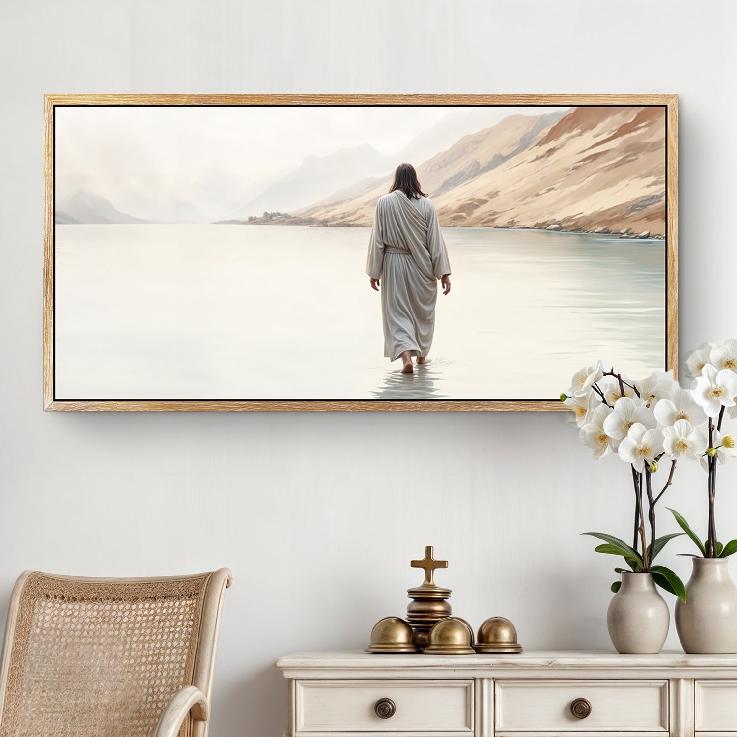 Canvas Walking on Water XI by Tailored Canvases; serene lakeside scene with robed figure on Tampa Home & Garden Store