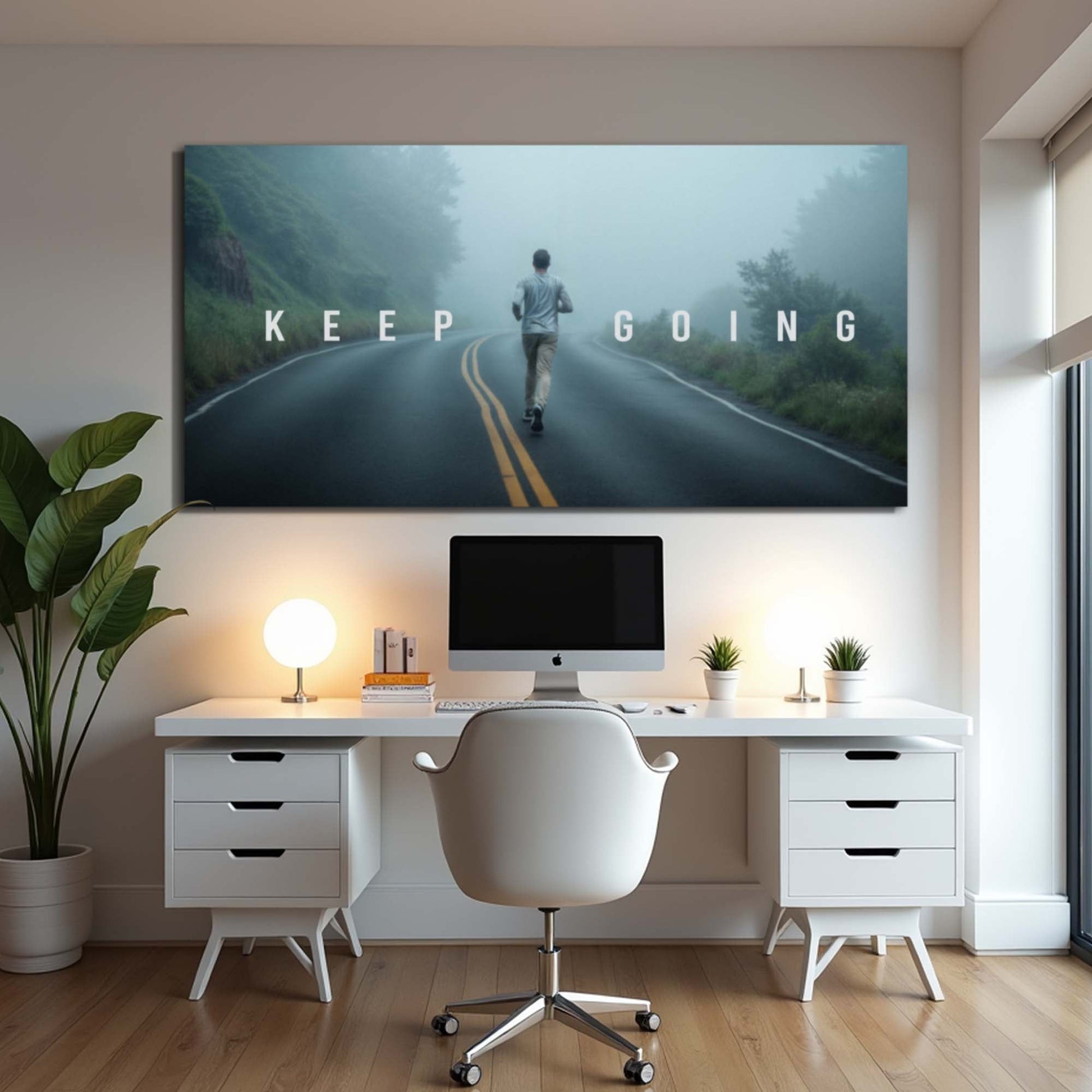 Keep Going motivational wall sign canvas print featuring a runner on a misty road by Tailored Canvases on Tampa Home & Garden Store