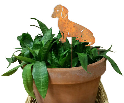 Rustica Ornamentals dachshund memorial garden marker, rust metal silhouette on stake in pot on Tampa Home & Garden Store