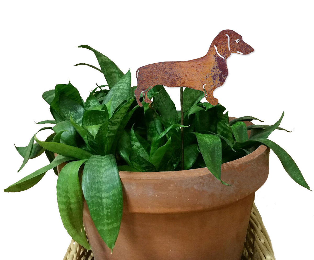 Dachshund memorial plant stake, rusted metal, Rustica Ornamentals garden decor on Tampa Home & Garden Store