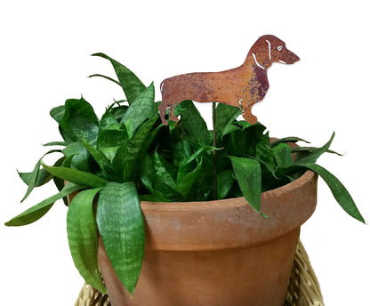 Dachshund memorial plant stake, rusted metal, Rustica Ornamentals garden decor on Tampa Home & Garden Store