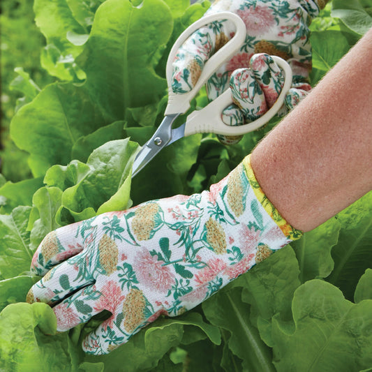 Nitrile Weeder Gloves by Womanswork, white floral gardening gloves with pruning shears on Tampa Home & Garden Store