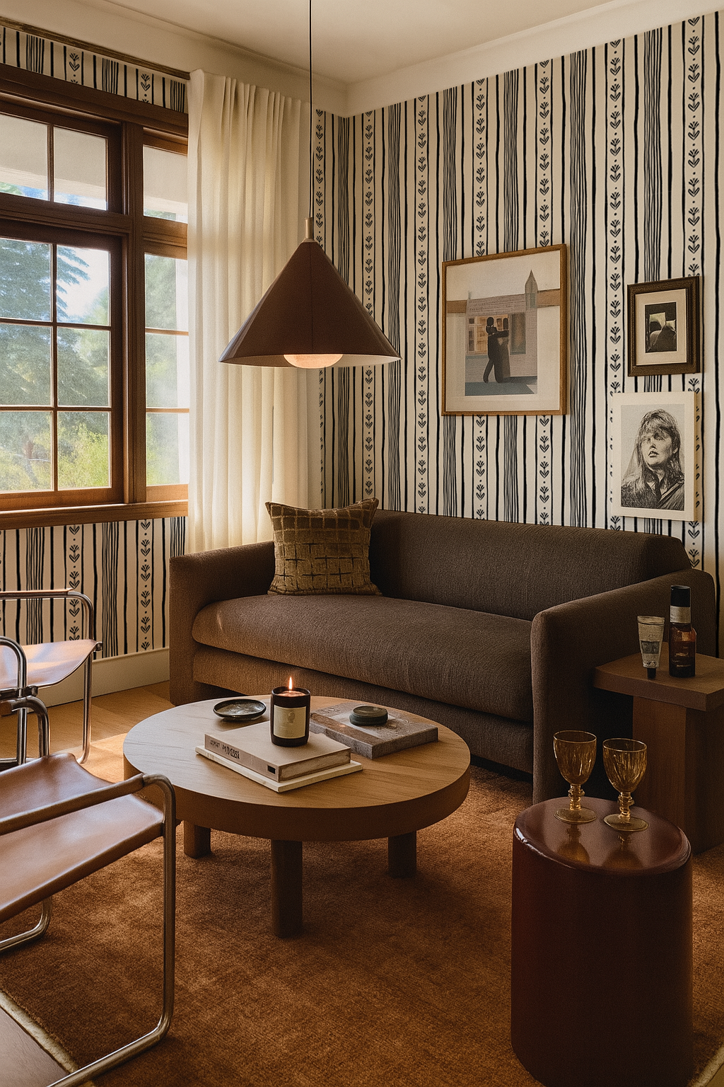 Daisy Chain Stripe Wallpaper, beige and black - Tampa Home & Garden Store