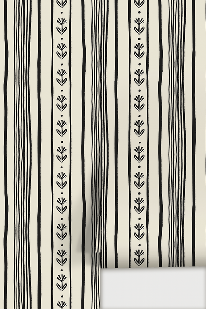 Daisy Chain Stripe Wallpaper, beige and black - Tampa Home & Garden Store