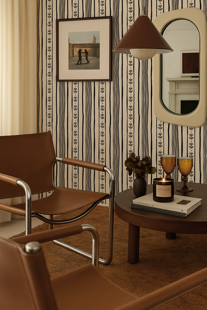Daisy Chain Stripe Wallpaper, beige and black - Tampa Home & Garden Store