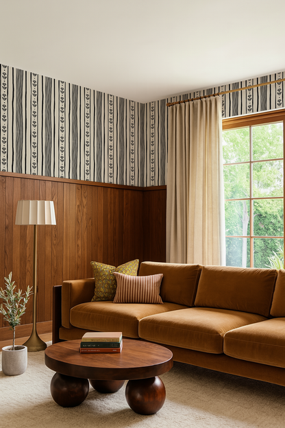 Daisy Chain Stripe Wallpaper, beige and black - Tampa Home & Garden Store