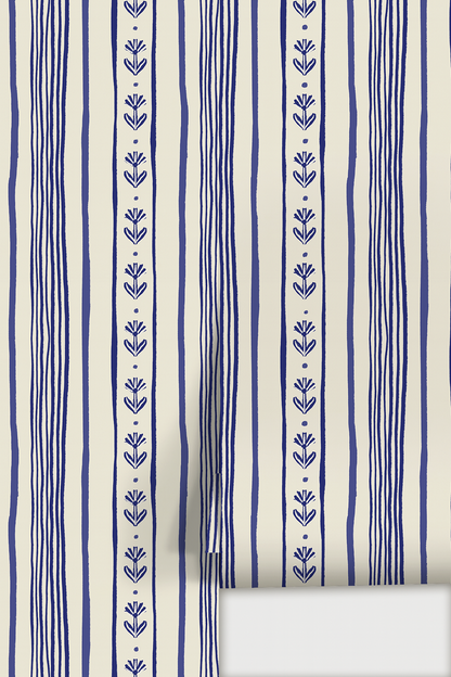 Daisy Chain Stripe Wallpaper, beige and blue - Tampa Home & Garden Store