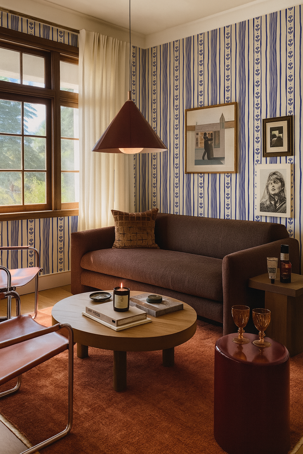 Daisy Chain Stripe Wallpaper, beige and blue - Tampa Home & Garden Store