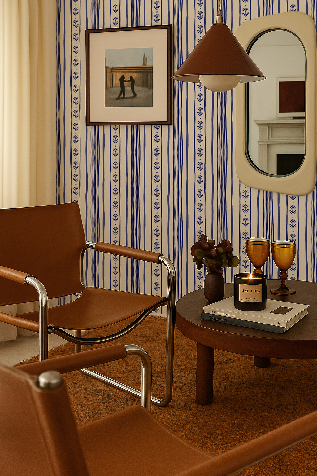 Daisy Chain Stripe Wallpaper, beige and blue - Tampa Home & Garden Store