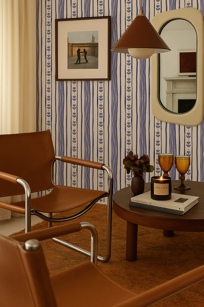 Daisy Chain Stripe Wallpaper, beige and blue - Tampa Home & Garden Store