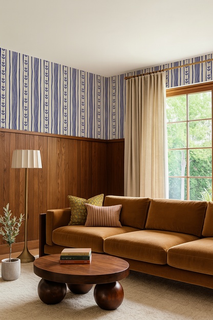 Daisy Chain Stripe Wallpaper, beige and blue - Tampa Home & Garden Store