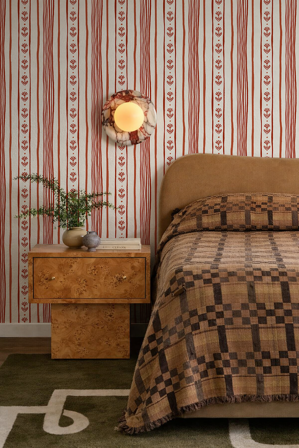 Daisy Chain Stripe Wallpaper, beige and brick red - Tampa Home & Garden Store