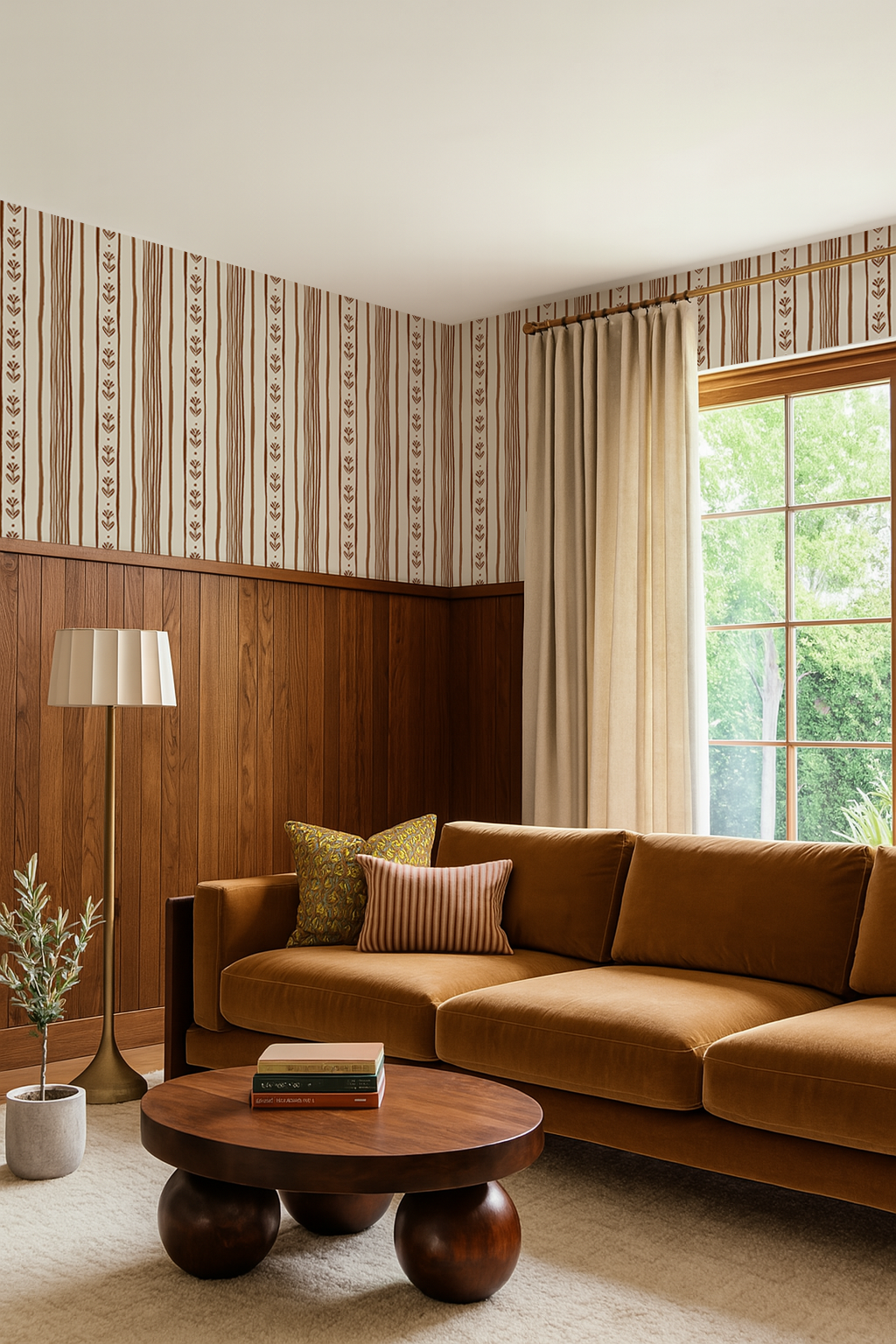 Daisy Chain Stripe Wallpaper, beige and brown - Tampa Home & Garden Store